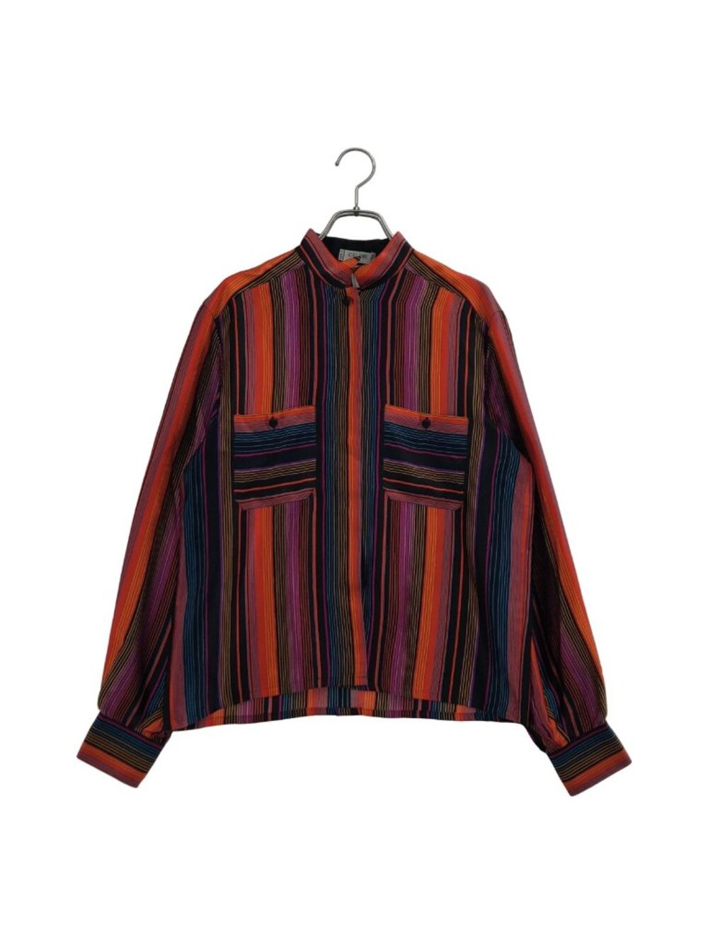 Celine Silk Triomphe Button Multi Stripe Band Color Shirt Multicolor 40